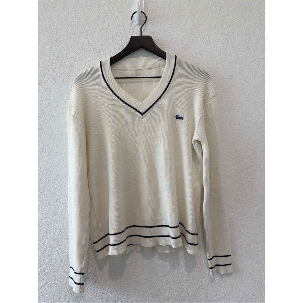 Vintage Lacoste Patch Pullover Preppy Fall Sweater Stripes Women's Large Flaws